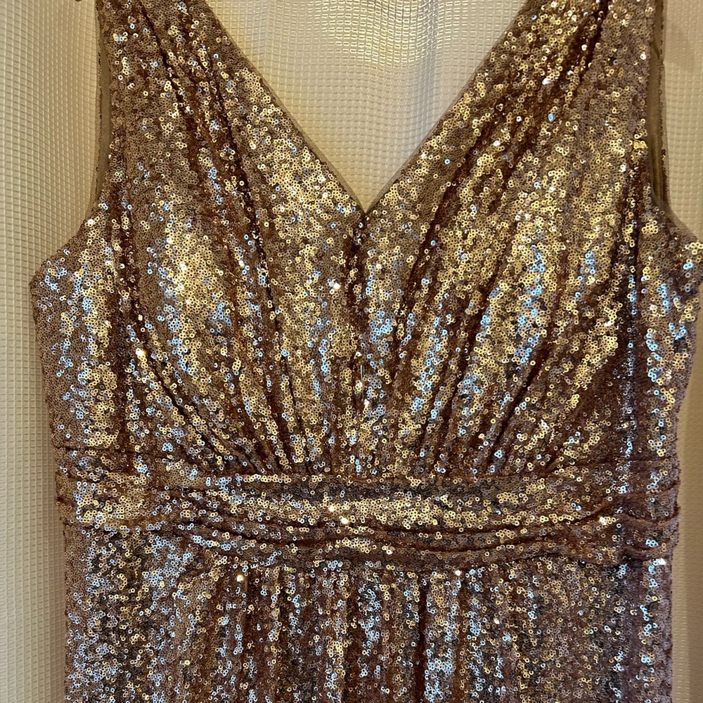 Revelry Full length rose gold sequin bridesmaid dress